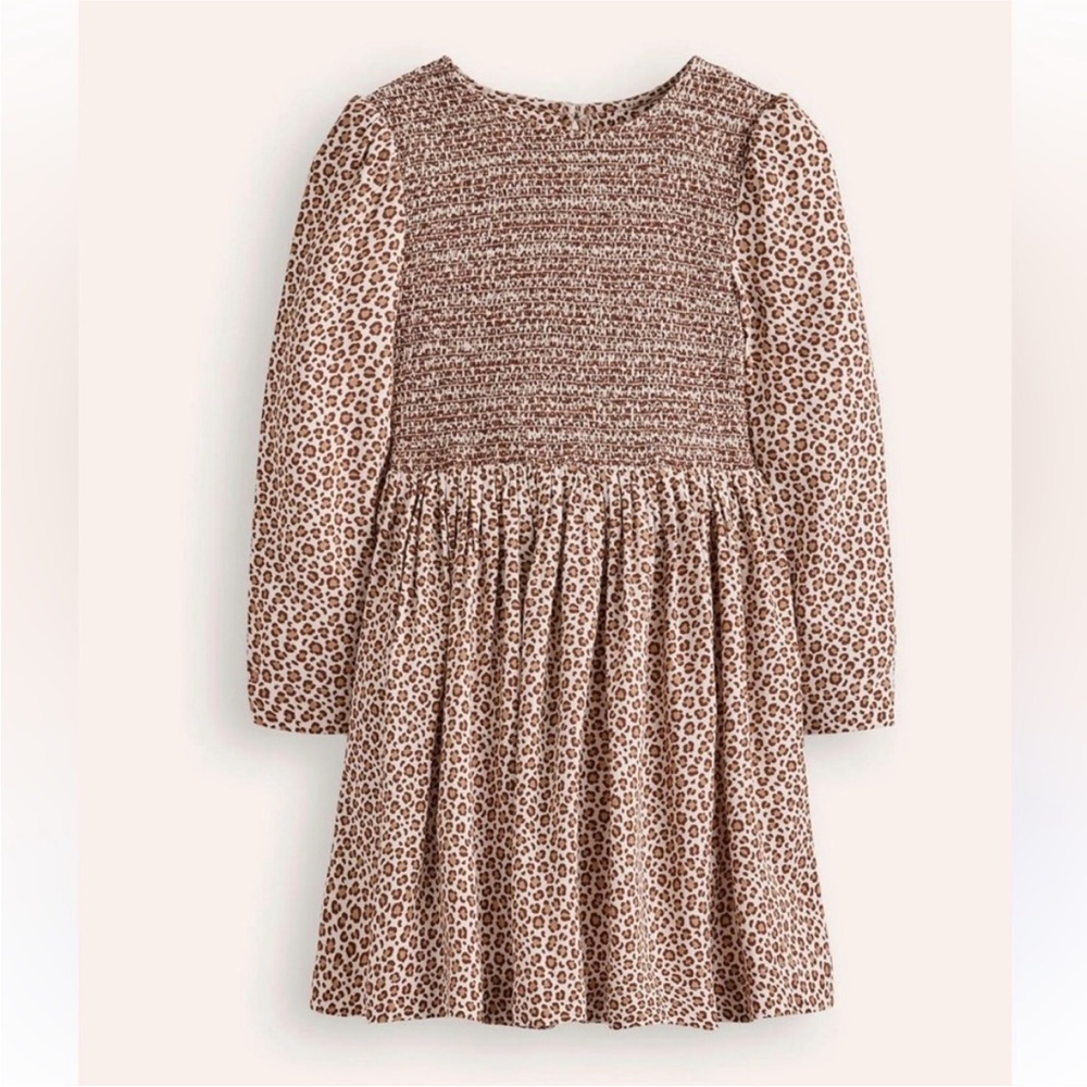 Mini Boden Brown Leopard Smocked Long-Sleeve Dress